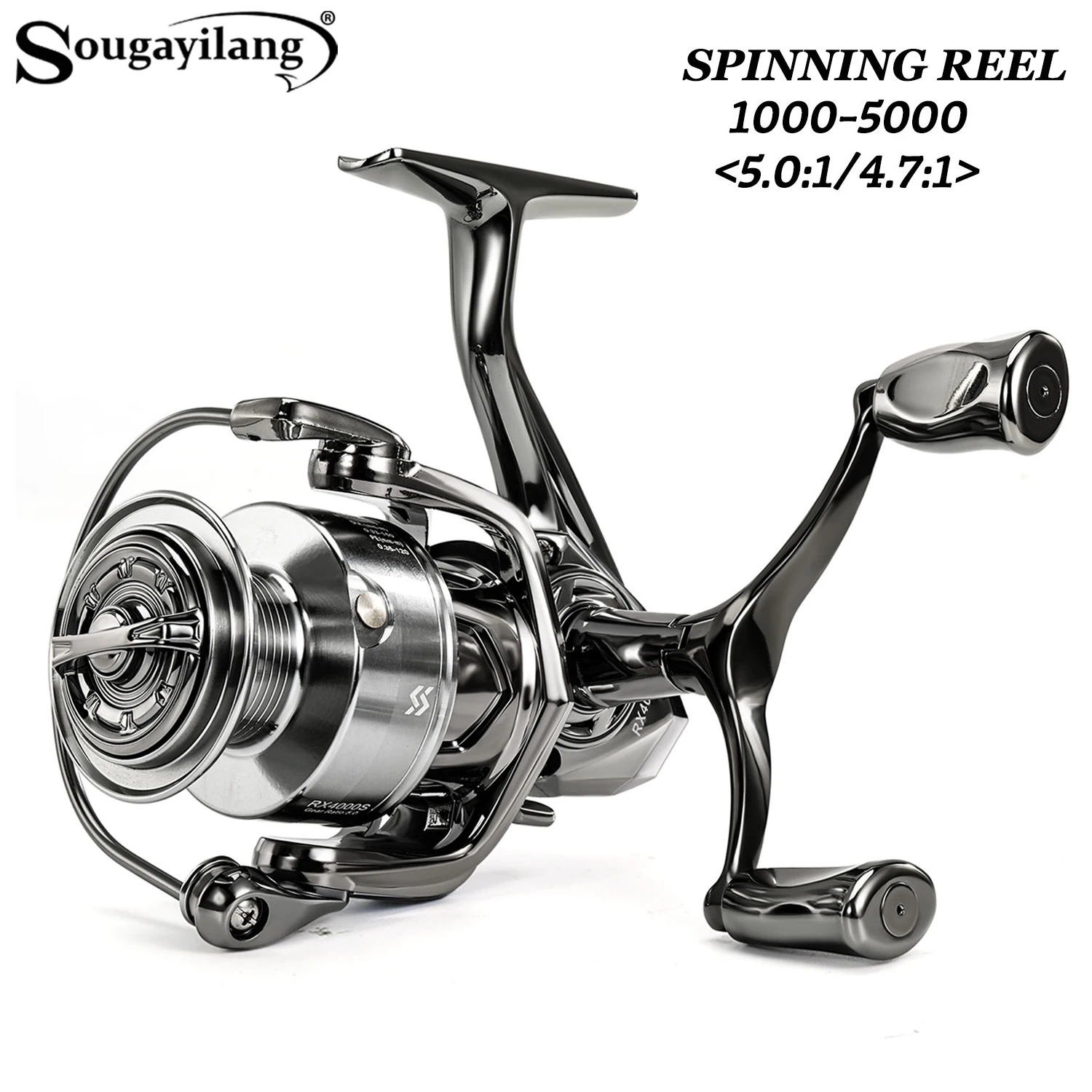 Sougayilang Spinning Reel 1000-5000 Series 5.0/4.7:1 Gear Ratio Double Handle Rocker Reel Max Drag 22LB for Freshwater Saltwater