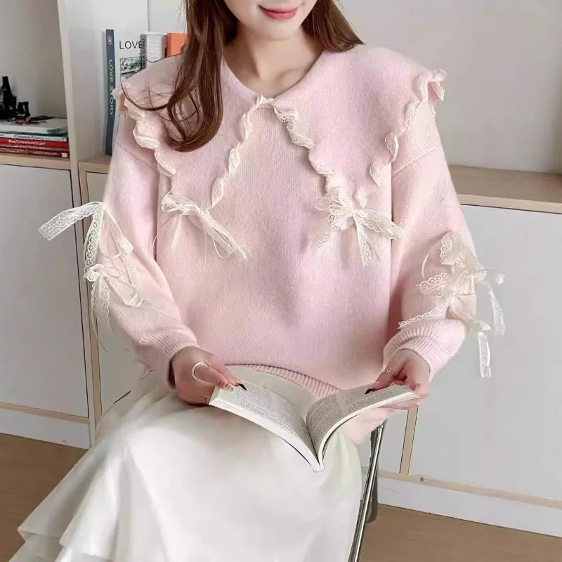 

Sweater Women Pullover Lace Fashion European and American Autumn/Winter New Collection Casual Solid Color Pullover Knitwear Top