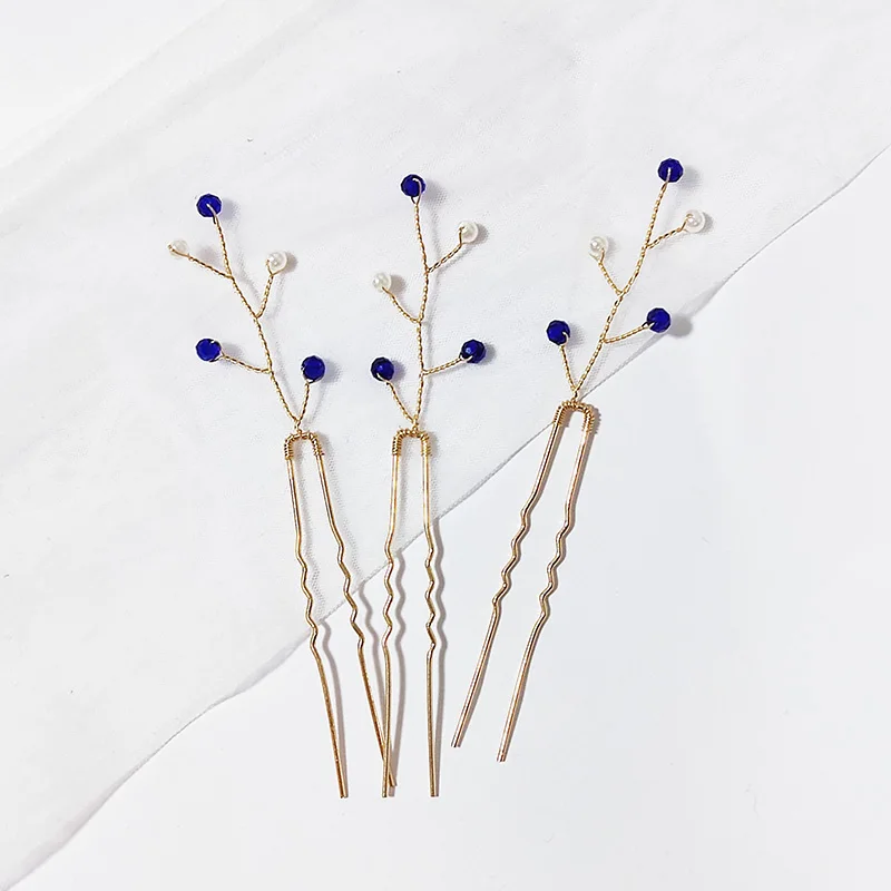 3 قطعة دبابيس الشعر اللؤلؤ حلية شعر U-شكل شوكة الزفاف إكسسوارات الشعر مقاطع الشعر دبوس الشعر اللون الأزرق مطرز الشعر عصا