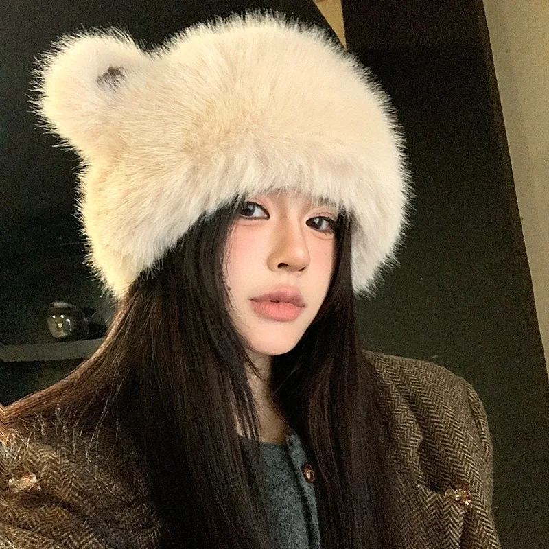 

New Women's Fashion Bear Ear Fur Cap Fur Hat Autumn Winter Fur Hats Mongolian Hat Brimless Plush Fluffy Skiing Riding Warm Caps
