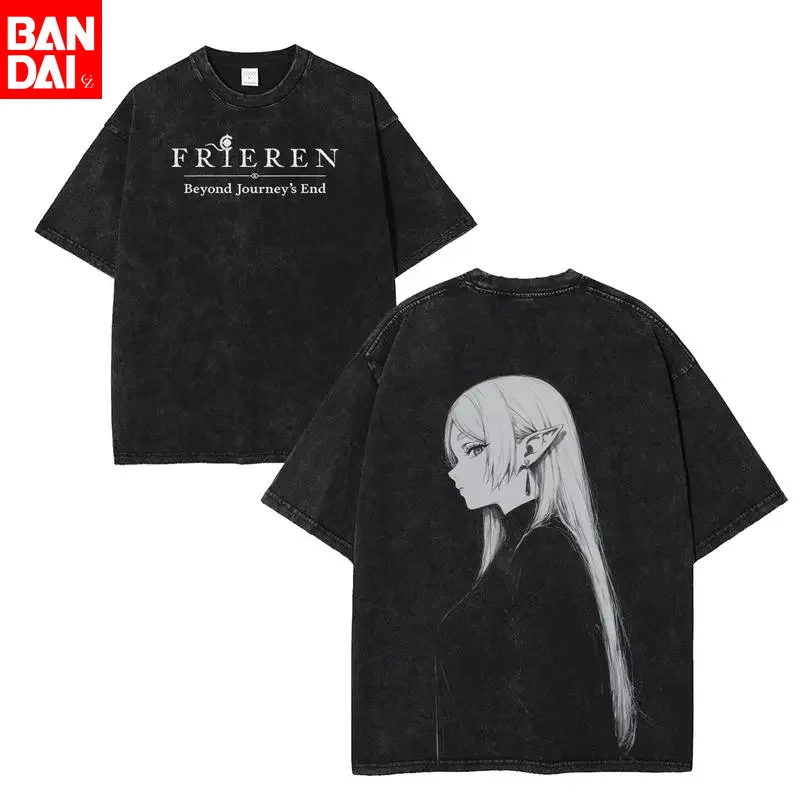 Anime Frieren Beyond Journey's End T-Shirt Herren Vintage Washed Kurzarm-T-Shirt Harajuku Streetwear Tees Damen Oversized Tops
