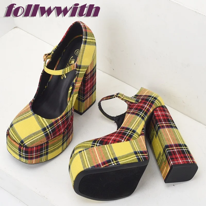 Yellow Plaid Gingham Square Heel Pumps Platform Super High Autumn  Fashion Modern 2024 Hot Sale New Arrival Shoes