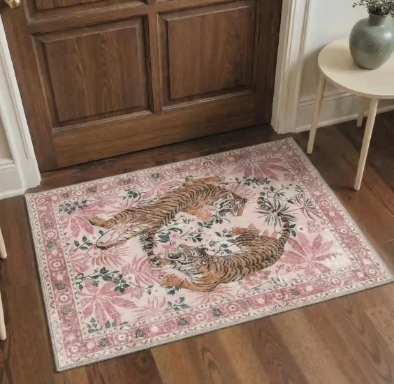 Vintage Pink Tiger Floral Doormat Non Slip Washable Entrance Floor Rug Front Door Entryway Farmhouse Home Decor