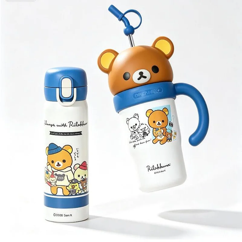 Genuine Rilakkuma 800ml/480ml Insulated Cup Set Large Capacity Portable Drinking Cup Couple Water Cup Gift Box Birthday Gifts