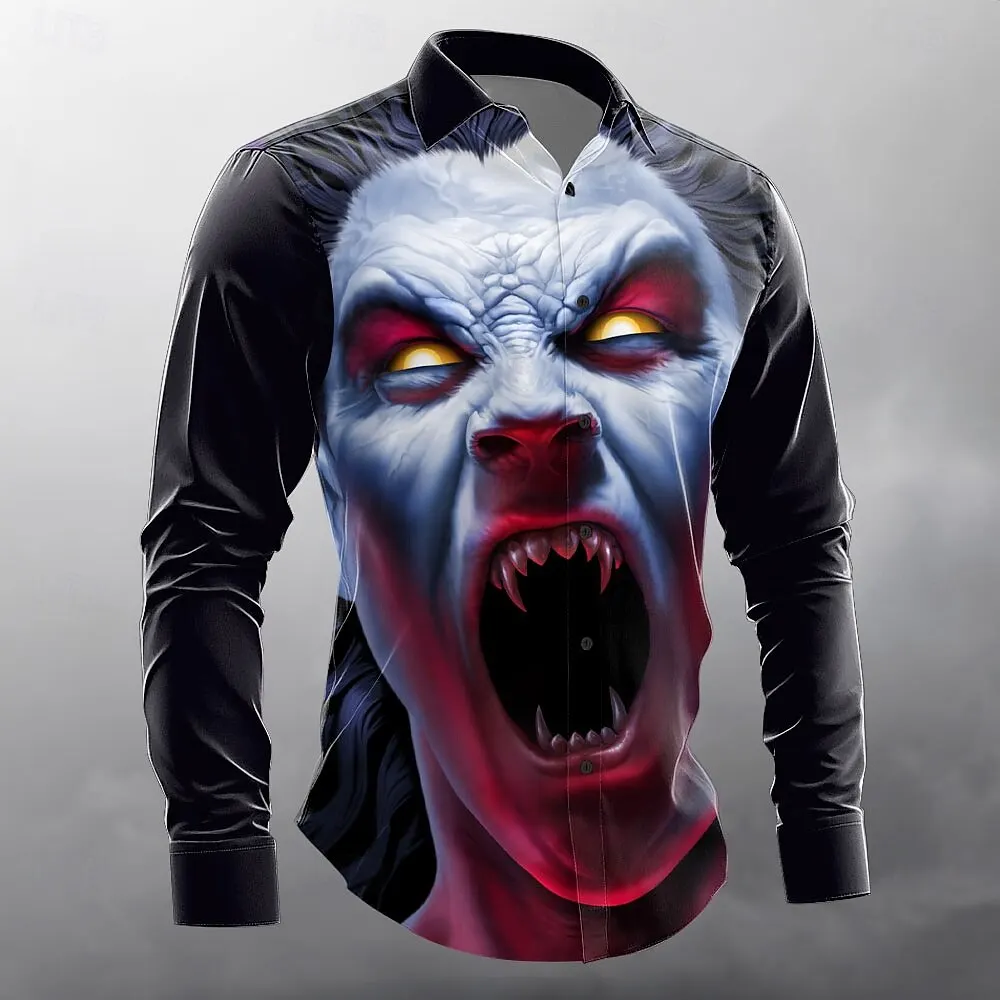

Men's Terror Face Button Up Shirt Long Sleeve Designer Shirt Artist graphics printed Tops casual shirts for men streetwear