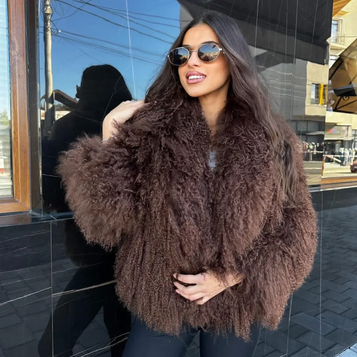 معطف فرو الأغنام المنغولية الطبيعية من أولاندي لعام 2025 معطف نسائي شتوي من جلد الغنم البني عالي الجودة جاكيت أبيض بياقة بدلة #1