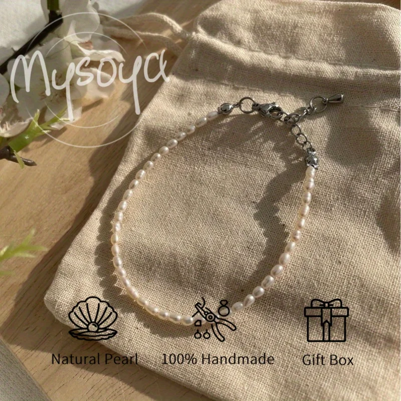 

MYSOYA 3-4 мм мини-браслет в форме риса в стиле барокко с пресноводным жемчугом и подарочной коробкой, идеальный подарок на день рождения, свадьбу, годовщину, ювелирное изделие