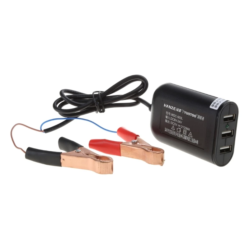 Converter Charging Adapter 12V 24V to 5V 2.1A with Battery Clip for Cellphone GPS Tablet 3Ports Power Adapter