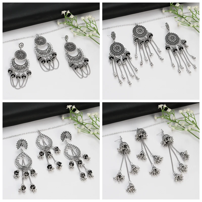 Longo Borla Flor Dangle Brincos para Mulheres, Conjunto de Jóias Étnicas, Corrente Borla, Jóias Étnicas Indianas, Cor Prata, Colar das senhoras