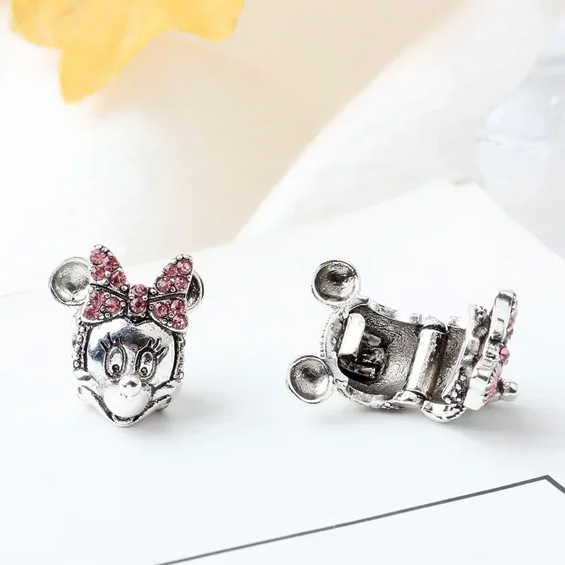 Fit Pandora Disney Minnie Mouse Pink Pavé Bow Clip Charm for Jewelry Making Women Bracelet Accessories Mickey Mouse Beads Bangle