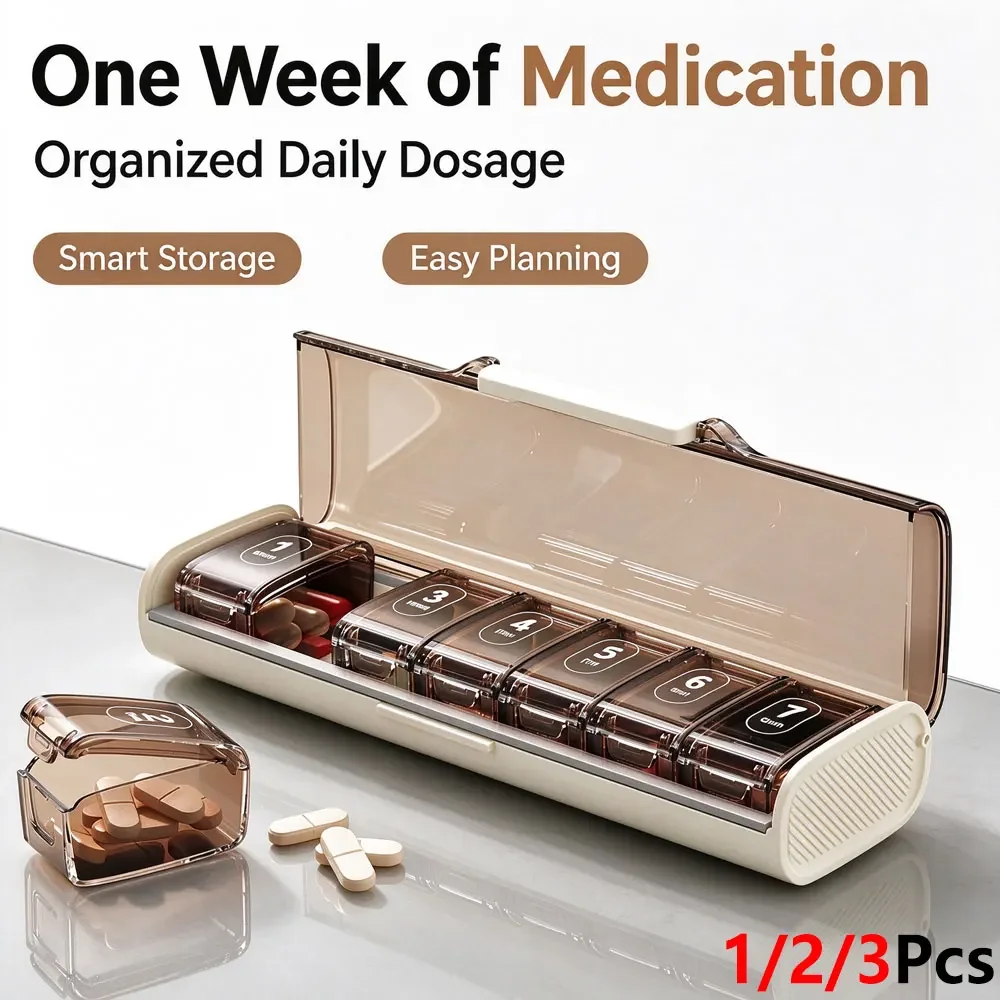 1/2/3Pcs Arthritis Friendly Weekly Pill Box, 7 Day Large Capacity Pill Organizer, Silicone Moisture Resistant Travel Pill Holder