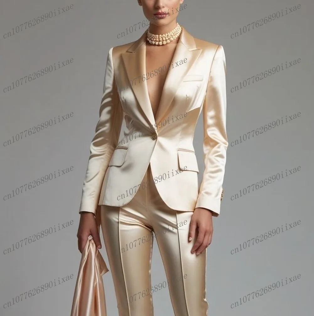 

Champagne Satin Women Suits Lady Formal Business Tuxedos Mother Wedding Party Special Occasions Ladies 2 Piece Set Jacket Pants