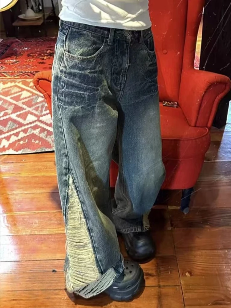 

HOUZHOU Vintage Ripped Baggy Jeans Women Y2k Blue Grunge Distressed Denim Trousers Retro Streetwear Wide Leg Jeans Aesthetics