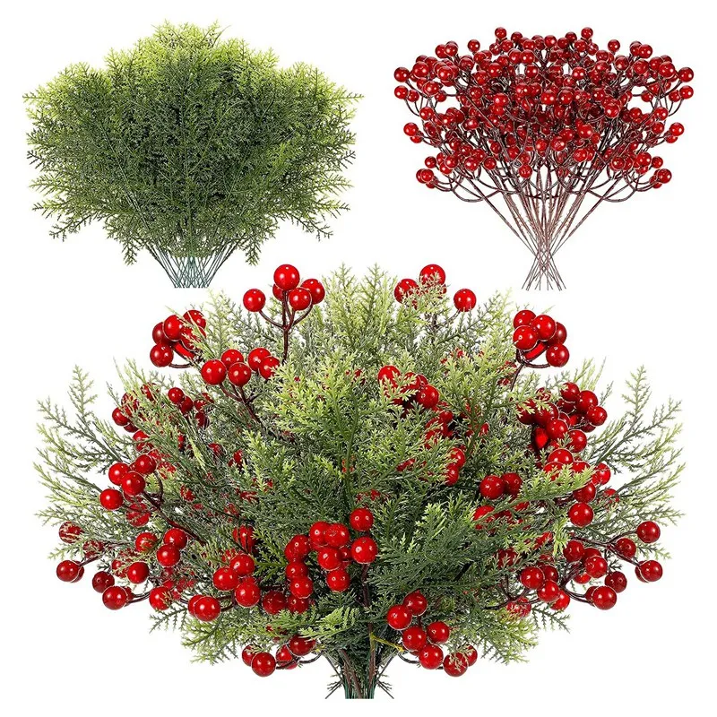 48Piece Christmas Artificial Faux Cedar Branches Artificial Sprigs Faux Pine Leaves Green&Red