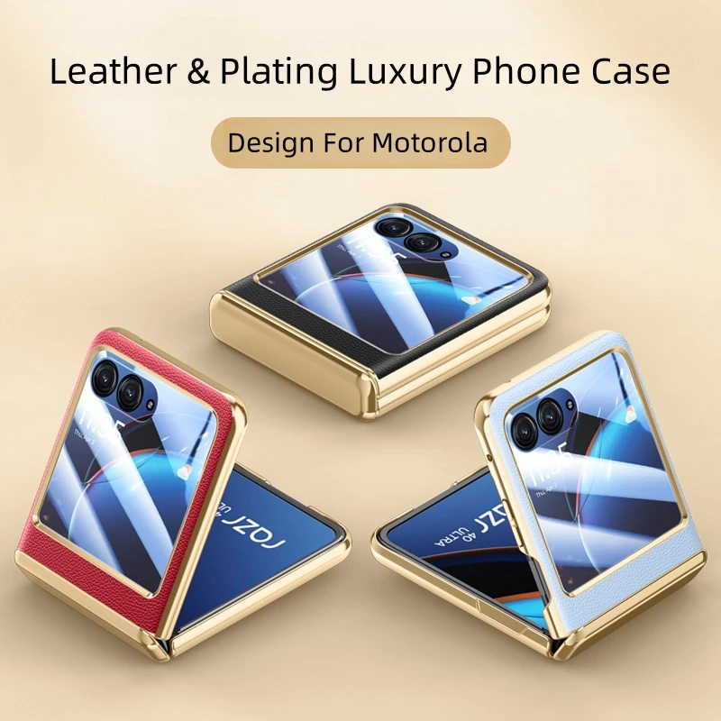 Luxury Plating Leather Phone Case For Motorola MOTO Razr 70 Plus 60 50 40 Ultra Pro 2026 Tempered Film Hinge Shockproof Cover
