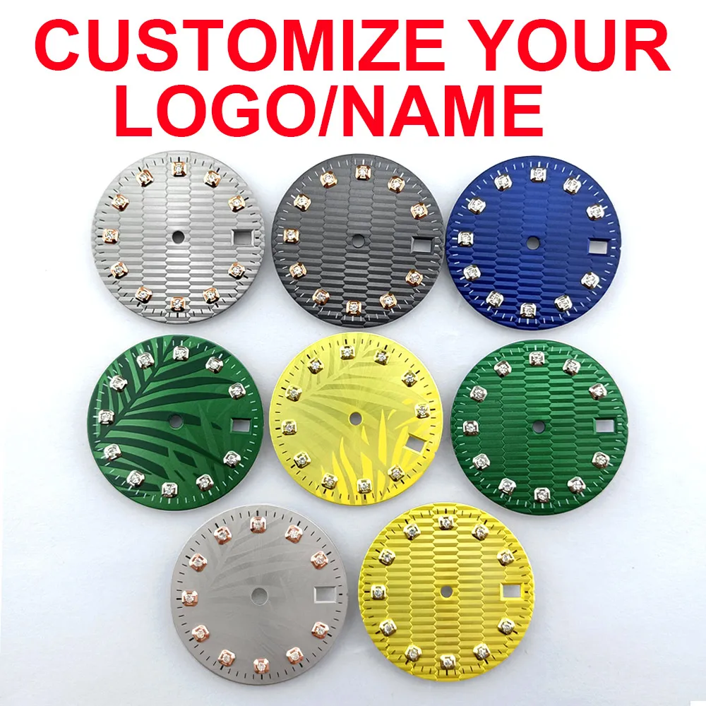 

Циферблат для часов с алмазным напылением, диаметр 28,5 мм, подходит для механизма NH35, с возможностью нанесения логотипа/без логотипа, синий, желтый, зеленый, серый циферблат, запчасти и аксессуары для часов