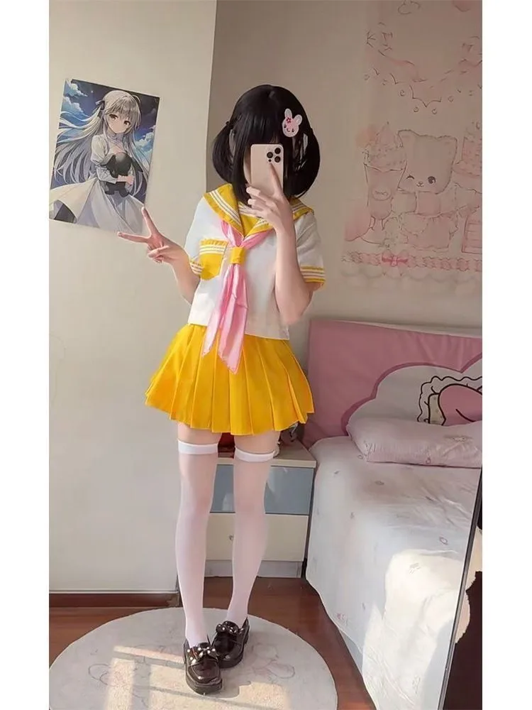 Yellow Uniform Shirt And Skirt Set Anime Summer Japanese Style Sailor School Uniform Windbreaker Fashionable Four-Piece Set f...