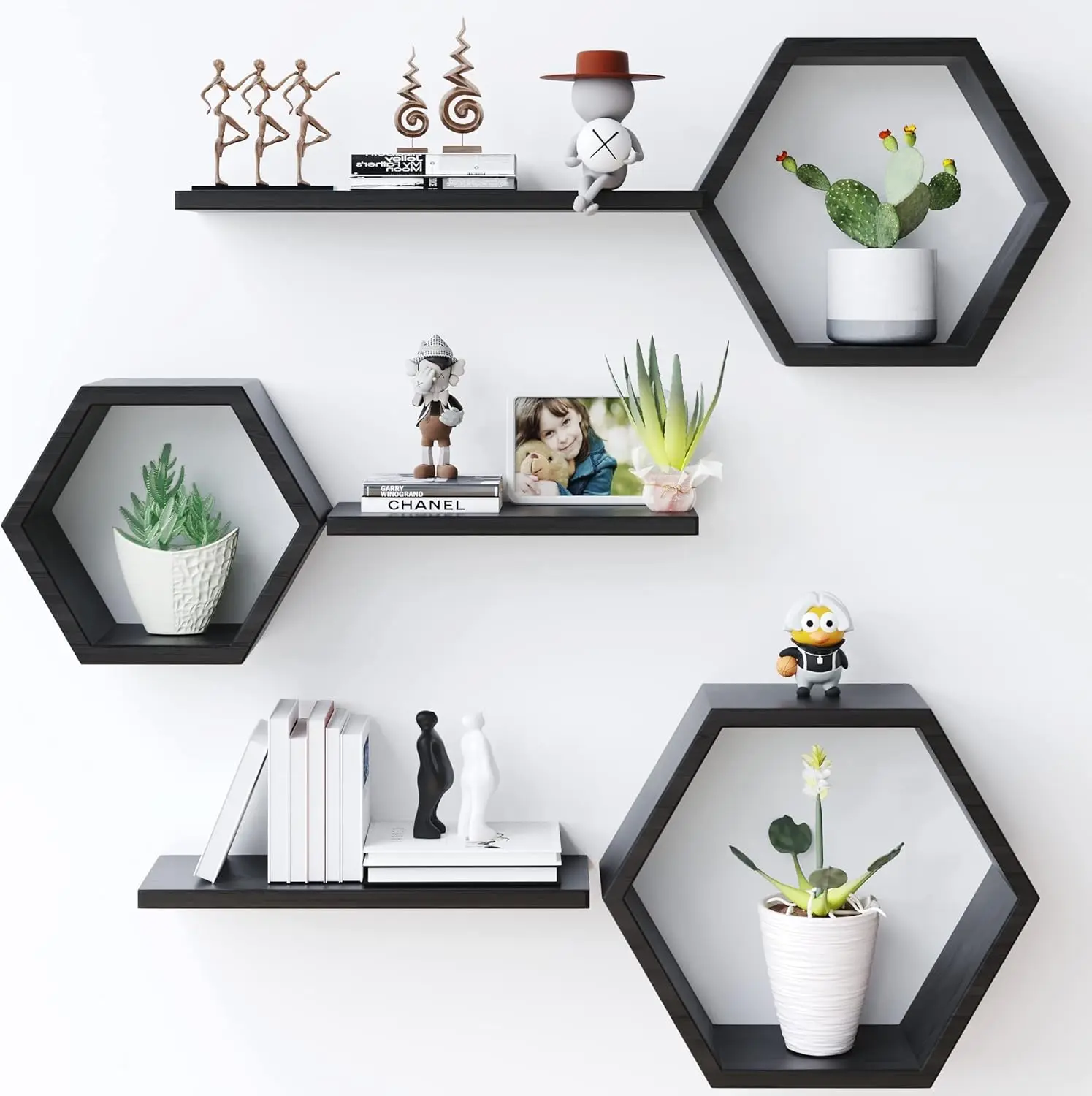Wooden Hexagonal Floating Shelf Wall Mounted - Set of 6 pine hexagonal shelves display photos, plants, country honeycomb
