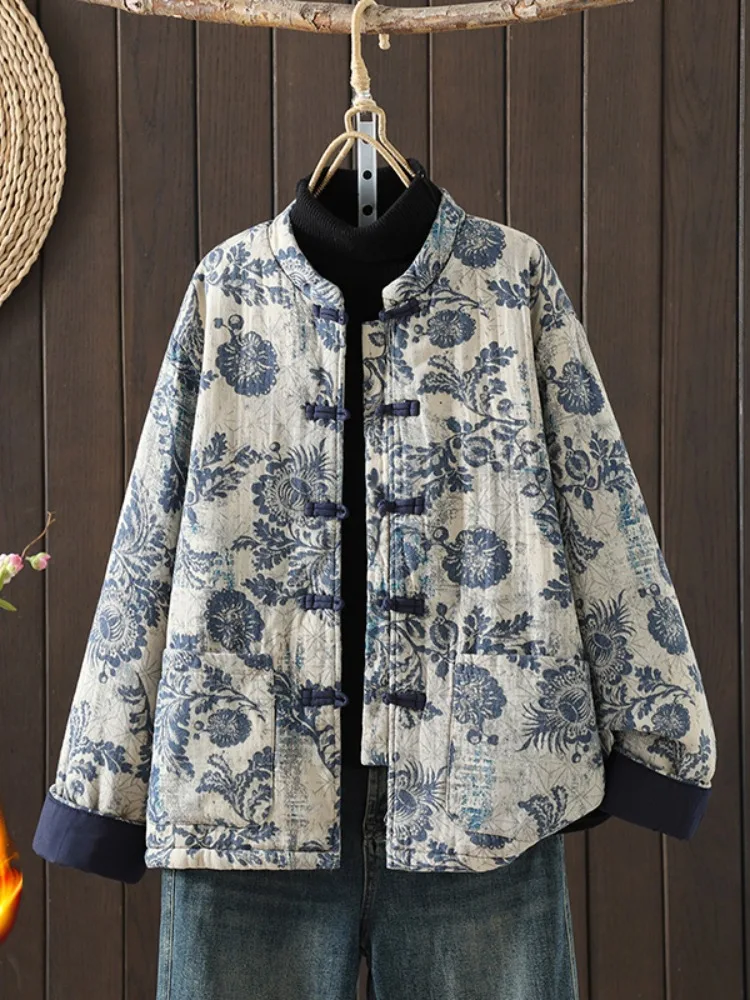 

Retro Cotton Linen Print Button Thiened Winter Zen Sle Jaet Women's Coat Traditional Tang Costume Cotton Outerwear