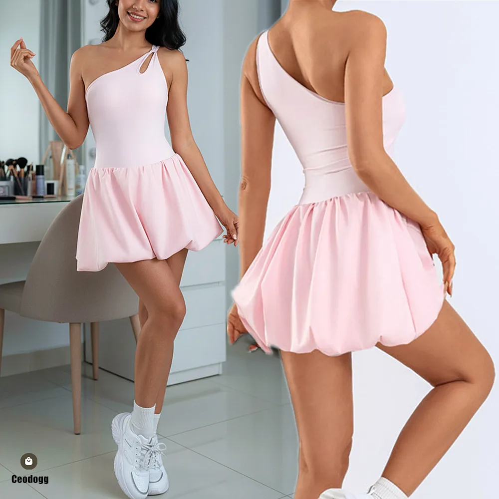 

Pad Womens One Shoulder Strap Yoga Set Tennis Dress Built-in Bra Anti Shorts Athletic Golf Workout Dress Skorts XP168