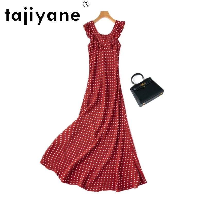 

TAJIYANE 100% Mulberry Silk Dresses 2025 Woman Vintage Red Polka Dots Tank Dress Summer Long Dresses 137cm Ladies Clothes платье