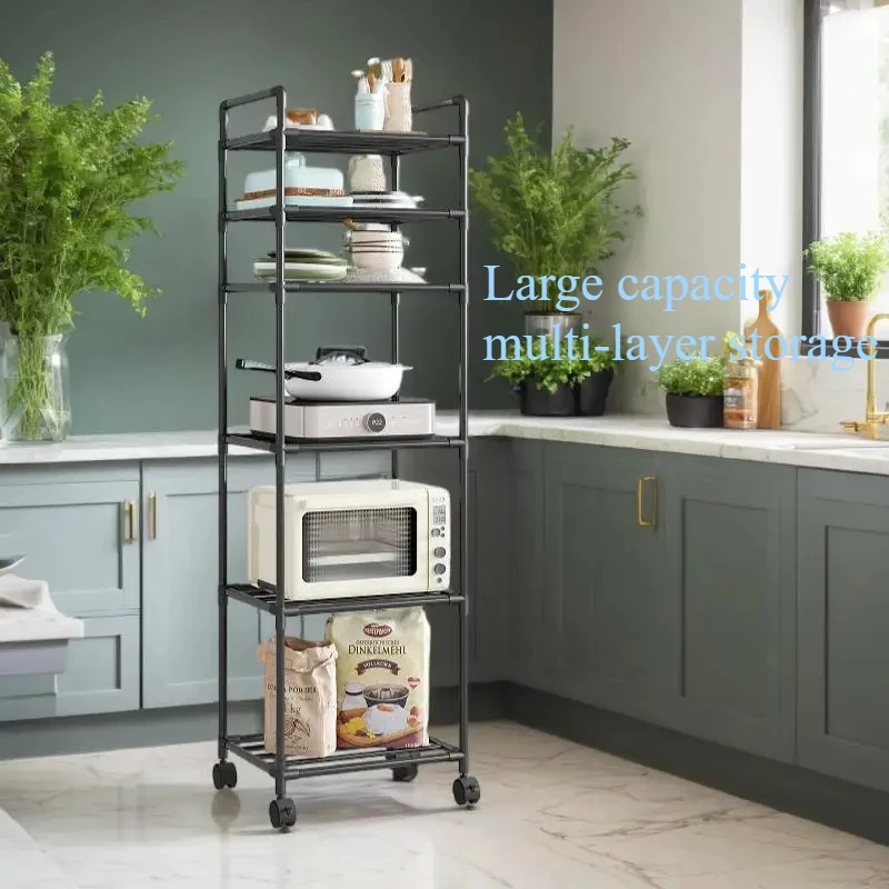 Floor Standing Storage Rack Kitchen Bathroom Microwave Rack Multi Functional Movable Without Punching Holes Household Shelves