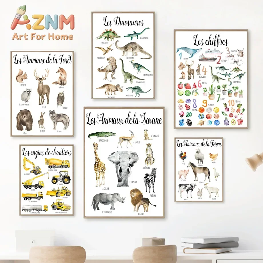 French Education Poster Animal Dinosaur Alphabet Vegetables Wall Art Print Canvas Painting Wall Pictures Baby Kids Room Decor