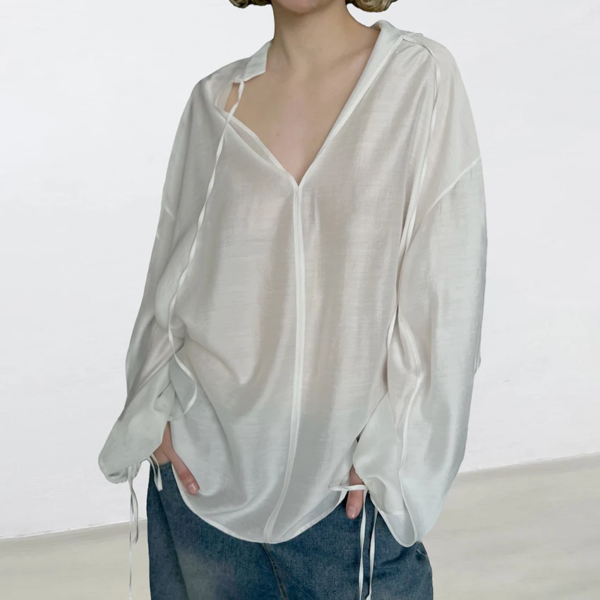 

Linad Casual White V-Neck Long Sleeve Lace-Up Blouses Summer Woven Sheer Pullover Comfortable Tops Thin Loose Solid Color Shirt