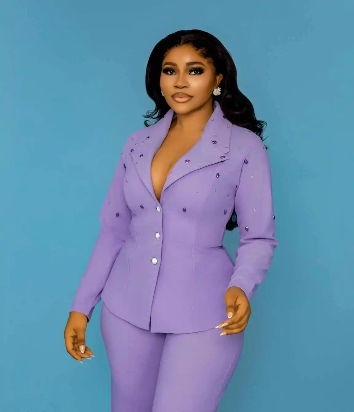 Trajes elegantes con cristales para mujer, trajes con cuello en V y una hilera de botones para oficina, trabajo de talla grande para fiesta de cumpleaños, trajes personalizados de 2 piezas