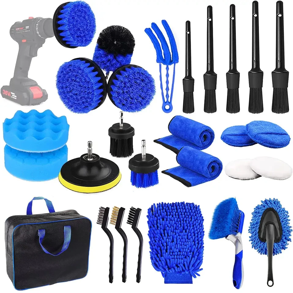26-delige autodetailingset (blauw) – alles-in-één autoreinigingsset voor wielen, interieur, exterieur, leer, dashboard & ventilatieopeningen