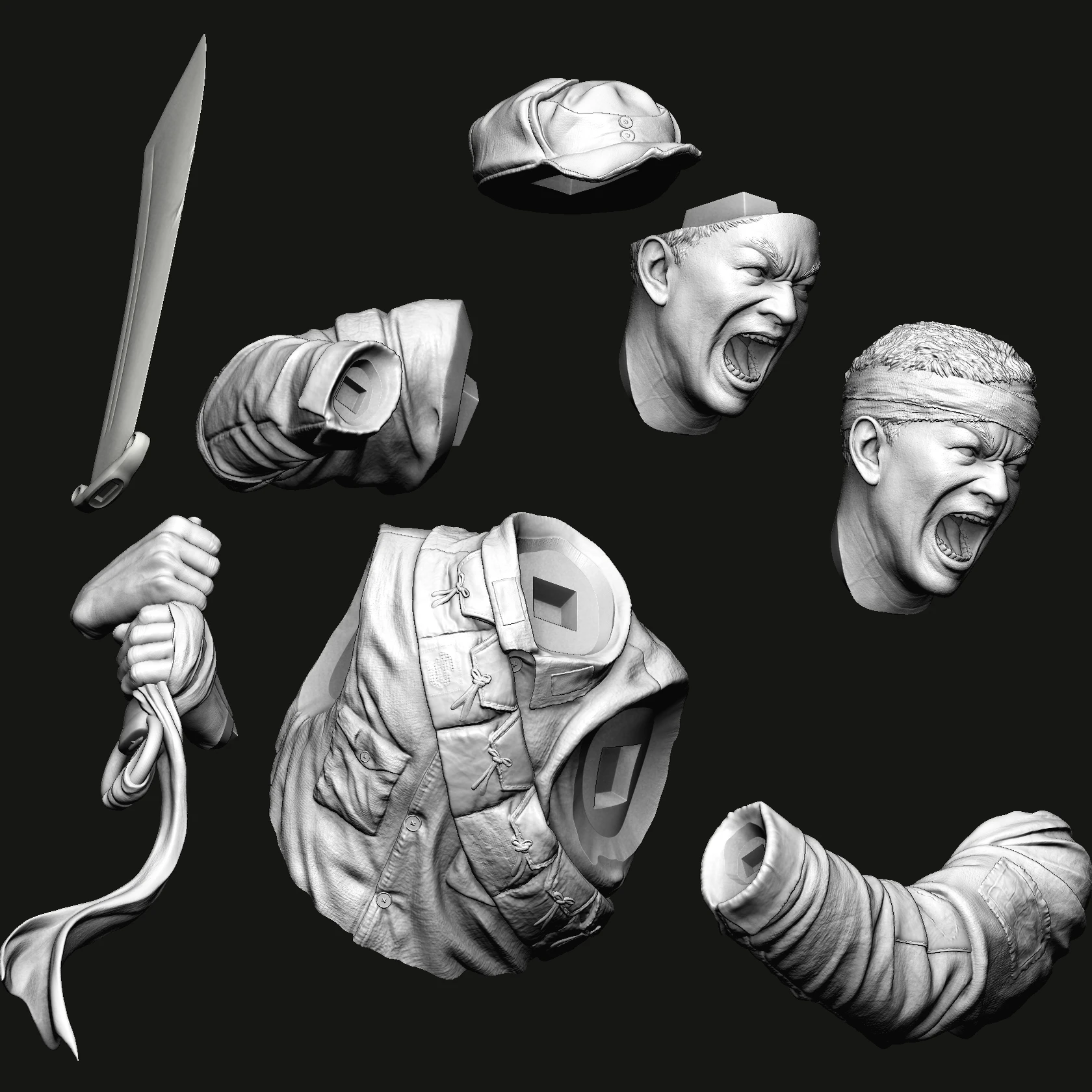 Modelo moderno: estatua de busto de dos cabezas, guerrero sabre del ejército de octava ruta, estatuilla de resina, molde blanco