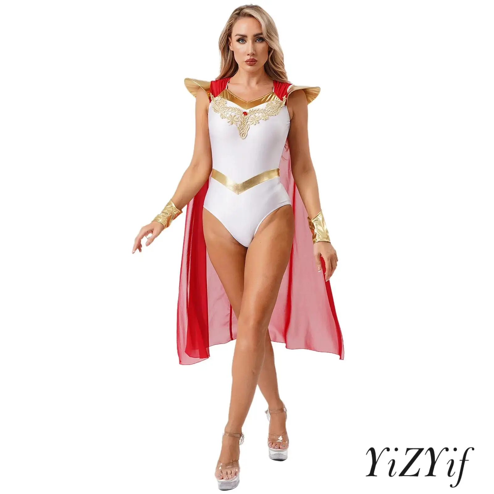 

Womens Halloween Christmas Greek Warrior Jumpsuit with Fly Sleeve Long Cloak Bodysuit for Masquerade Ball Party Cosplay Costume