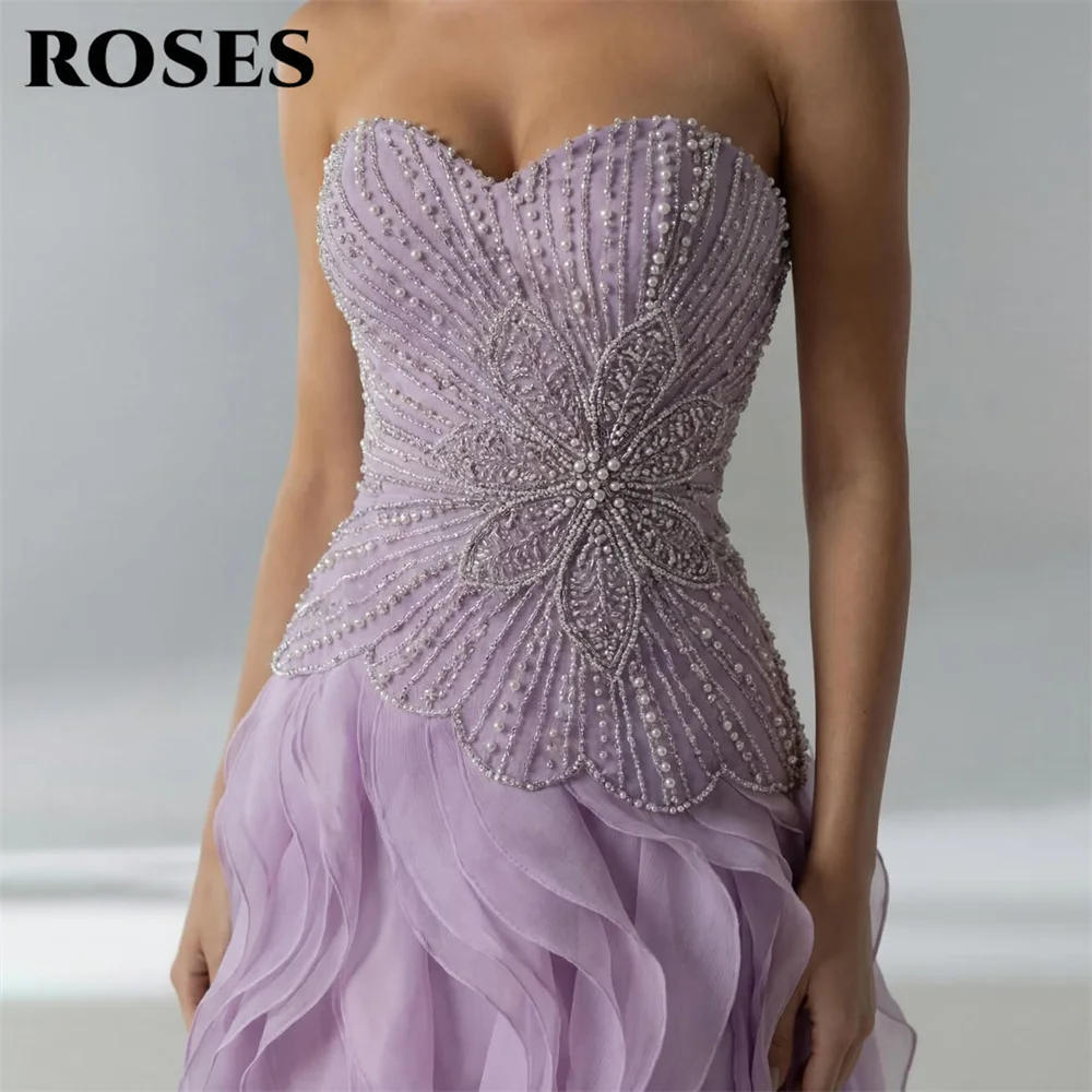 ROSES Lavender Prom Dresses Zipper Back 프롬 드레스 Sweetheart Celebrity Dress Beaded Ruffled Chiffon Evening Dress Customized image 5