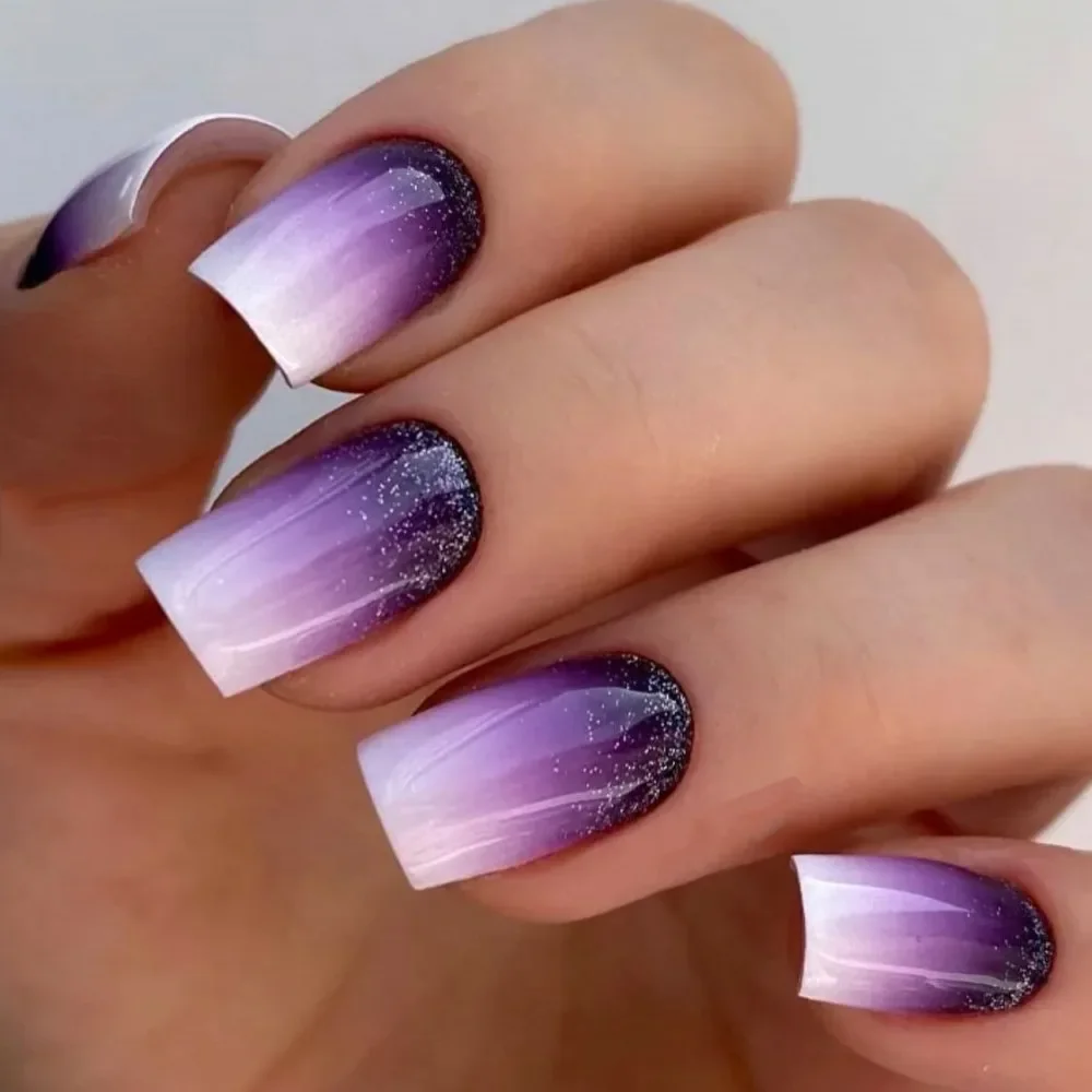 24Pcs Short Square Head False Nails Purple Blue Geometric Stripe french tip press on nails Manicure Wearable Ballet Fake Nails