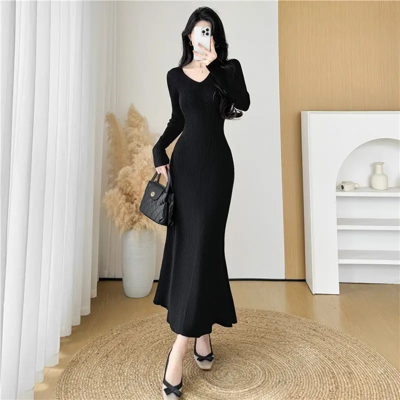 

Черная длинная юбка-рыбий хвост во французском стиле, женское вязаное платье трапециевидной формы в Корейском стиле, новые чувственные сексуальные по акции, женские вязаные крючком платья