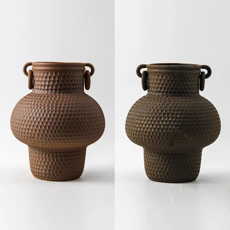 Light luxury handmade rust color, ceramic vase home furnishing, soft furnishing with ear flower ware, porch bookcase ornament