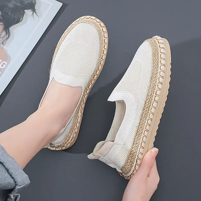 Espadryle nowe buty damskie lniane mieszkania moda dzianinowa tkanina siateczkowa mokasyny konopne wsuwane buty na co dzień damskie trampki