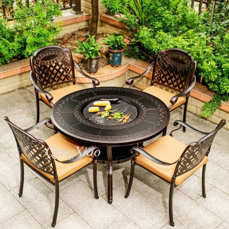 

Cast Aluminum Outdoor Round BBQ Dining Table Set with 4 Armrest Chairs Charcoal Barbecue Grill Table Garden Backyard Dining