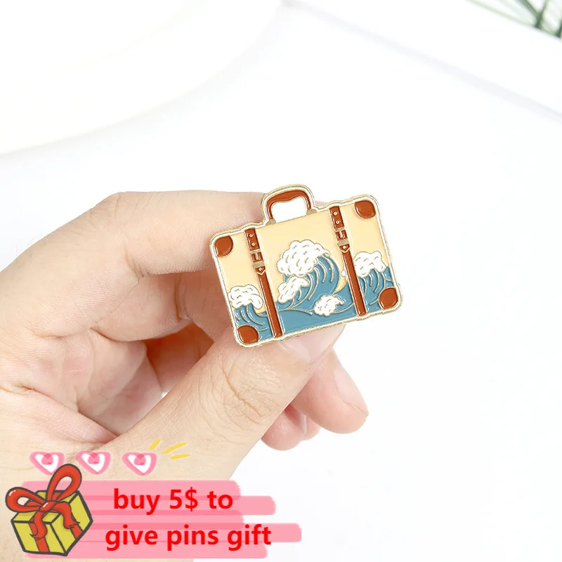 Cartoon Paint Ocean Wave Suitcase Soft Enamel Pins Bag Lapel Badges Wholesale Pin Brooch Jewelry Gifts for Friends Drop Shipping