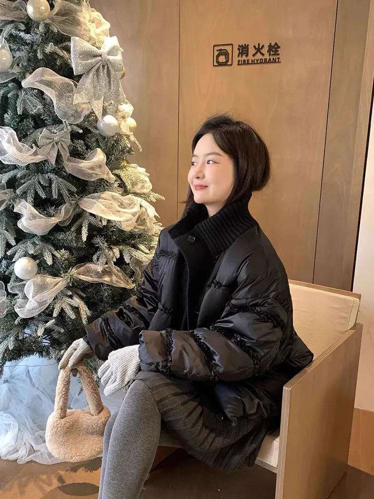 겨울 신상 스탠드 칼라 스플라이싱 니트 다운 재킷 여성용 숏 패션 만능 출퇴근용 두꺼운 따뜻한 코트