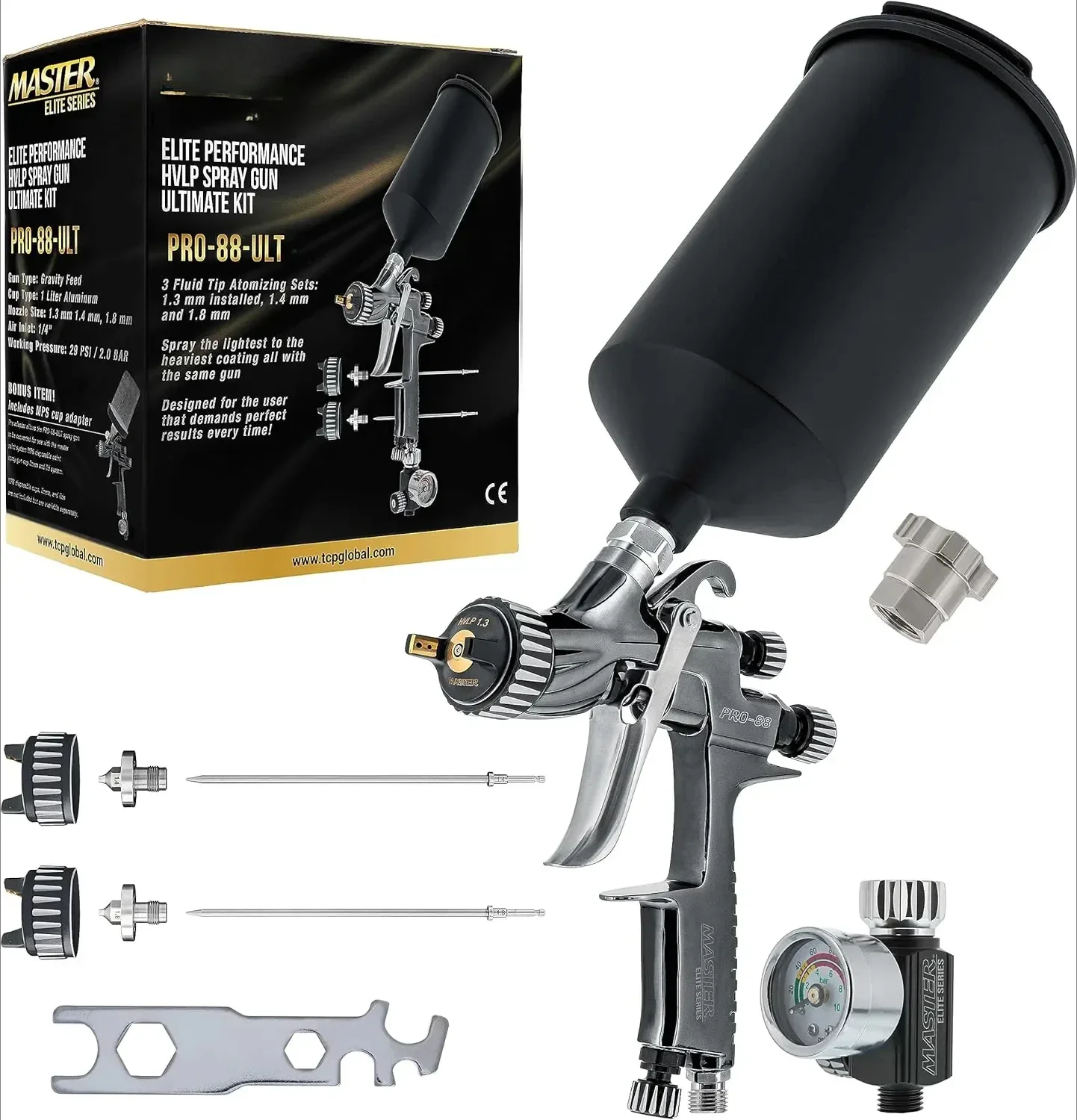 

Для пистолета-распылителя HVLP серии PRO-88 Ultimate Kit с 3-мя наборами жидкостных наконечников 1,3, 1,4 и 1,8 мм и рег под давлением воздуха