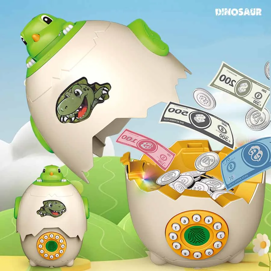 Cartoon Dinosaur Spray Money Egg Multifunctional Storytelling Machine Fingerprint Password Unlocked Dinosaur Egg Money Bank Gift