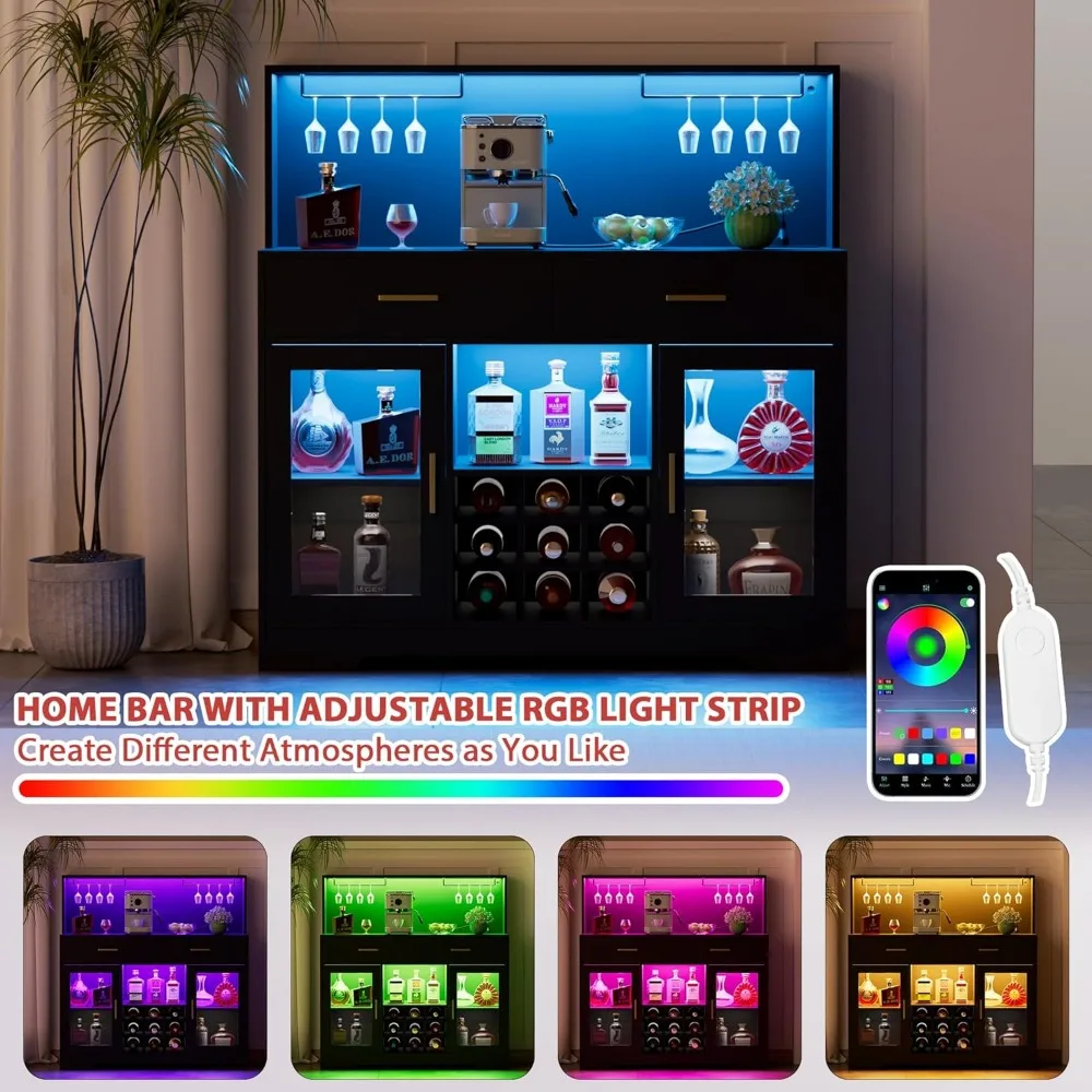 خزانة بار النبيذ مع ضوء LED، خزانة بار القهوة للمطبخ مع مخرج طاقة، خزائن المشروبات المنزلية مع حامل زجاجي ونبيذ R