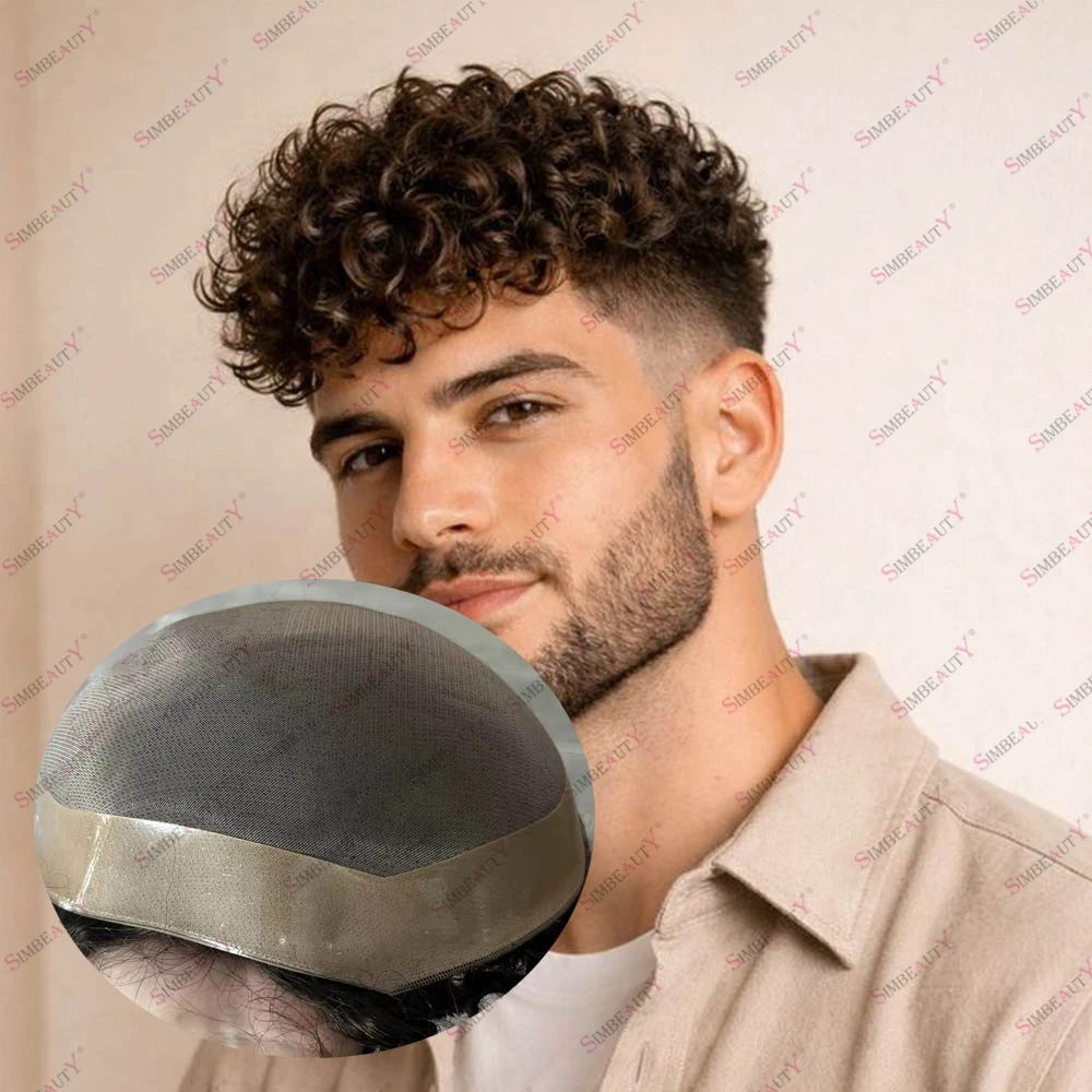 Men's Black Brown 100% Human Hair Fine Mono Toupee Cheapest Hair Replacement 15mm 18mm 20mm Curls Durable Capillary Prosthesis