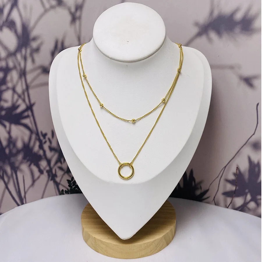 OIMG 316L Stainless Steel Gold Plated Double Layered Simple Circle Geometric Pendant Necklace For Women Bohemian Jewelry