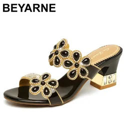 BEYARNE Hot Summer Elegant Fashion Women Casual Shoes Thick with Sandals Peep-toe Beach Shoes Mid Heel Bright Gold Silver 3Color