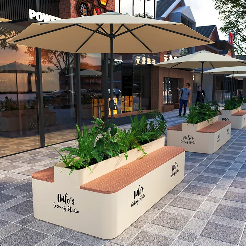& Outdoor Metal Flower Trough with Seat, Stainless Steel Landscape Partition for Commercial Street & Real Estate Use