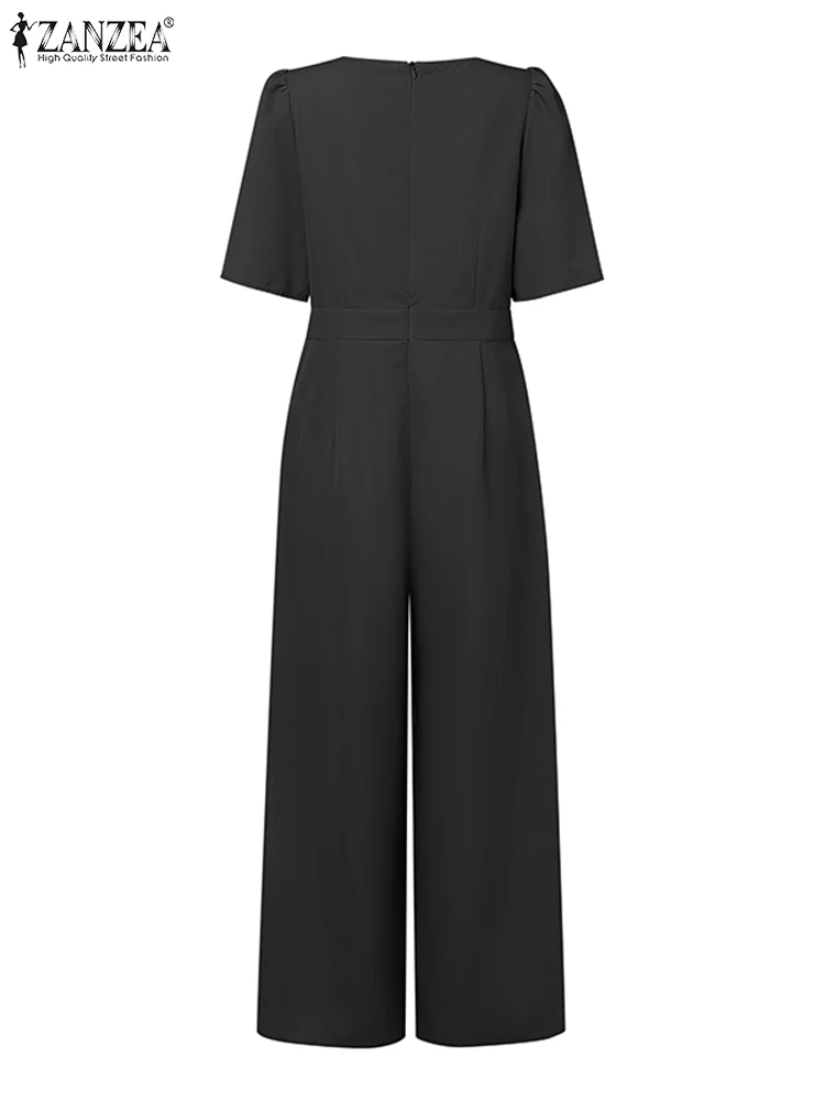 ZANZEA Solid Elegant Jumpsuits ผู้หญิง Street แฟชั่นเดินทางเอวกางเกงขากว้าง Overalls แขนสั้นสแควร์คอ Rompers