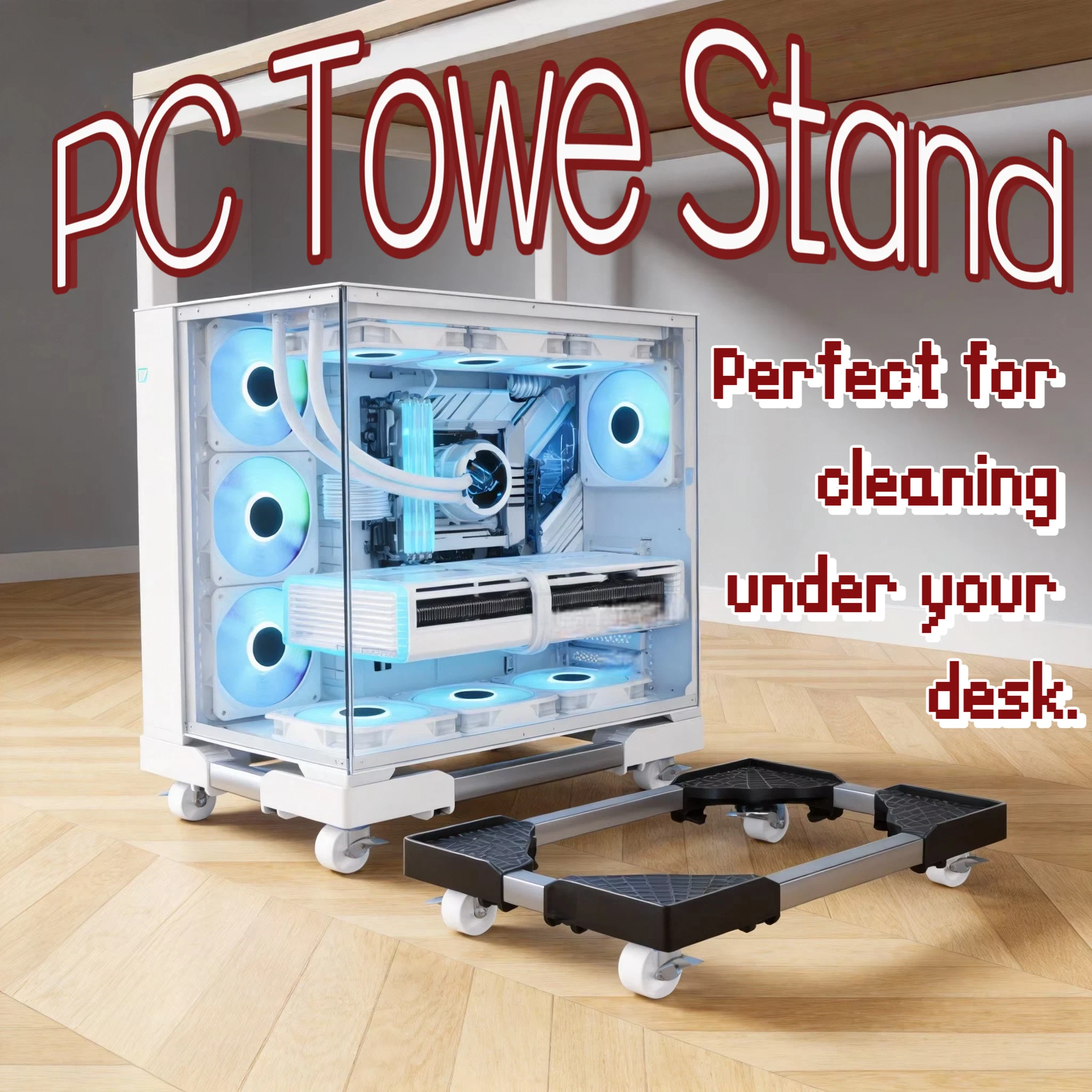 Plastic Adjustable PC Tower Stand Rolling, Mobile Computer CPU Holder with Wheels Fits ATX Case for Office Desk, Black White