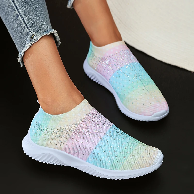 Mix Color Knitting Crystal Sneakers for Women Casual Slip On Mesh Walking Shoes Woman Soft Sole Rhinestone Dance Sock Sneakers